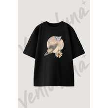 Moon Saturn Butterfly Tasarım Baskılı Unisex Oversize Kalıp Siyah Tshirt