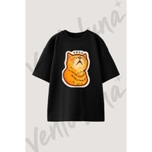 Awoo Cat Tasarım Baskılı Unisex Oversize Kalıp Siyah Tshirt