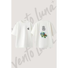 Dalgic Kaplumbaga Tasarım Sırt Baskılı Pamuk Beyaz Oversize T-Shirt
