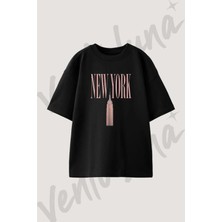 New York Empire State Tasarım Baskılı Unisex Oversize Kalıp Siyah Tshirt