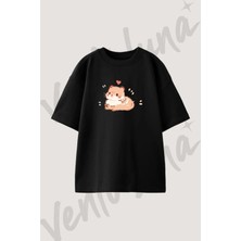 Cute Hamster Tasarım Baskılı Unisex Oversize Kalıp Siyah Tshirt