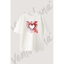 Heart Splatter Tasarım Baskılı Unisex Oversize Kalıp Beyaz Tshirt