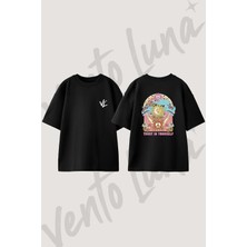 Gunes Ay Baris Tasarım Sırt Baskılı Pamuk Siyah Oversize T-Shirt