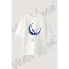 Hilal Balina Tasarım Baskılı Unisex Oversize Kalıp Beyaz Tshirt