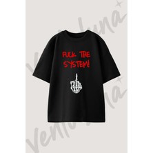 Iskelet Orta Parmak Tasarım Baskılı Unisex Oversize Kalıp Siyah Tshirt