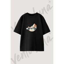 Hippie Van Tasarım Baskılı Unisex Oversize Kalıp Siyah Tshirt