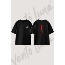 Crow Red Art Tasarım Sırt Baskılı Pamuk Siyah Oversize T-Shirt