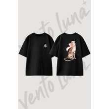 Cheetah Ribbon Tasarım Sırt Baskılı Pamuk Siyah Oversize T-Shirt