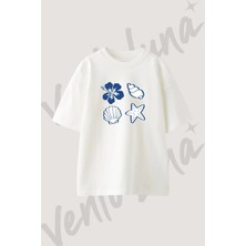 Hibiscus Deniz Kabugu Yildiz Tasarım Baskılı Unisex Oversize Kalıp Beyaz Tshirt