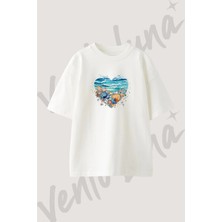 Seashell Heart_1 Tasarım Baskılı Unisex Oversize Kalıp Beyaz Tshirt