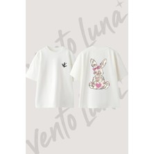 Bunny Rose Tasarım Sırt Baskılı Pamuk Beyaz Oversize T-Shirt