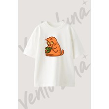 Money Cat Tasarım Baskılı Unisex Oversize Kalıp Beyaz Tshirt