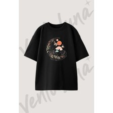 Moon Mushroom Crystal Tasarım Baskılı Unisex Oversize Kalıp Siyah Tshirt