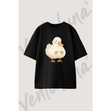 Shy Duck Tasarım Baskılı Unisex Oversize Kalıp Siyah Tshirt