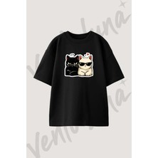 Anime Kedi Gozluk Tasarım Baskılı Unisex Oversize Kalıp Siyah Tshirt
