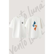 Balik Gun Ay Tasarım Sırt Baskılı Pamuk Beyaz Oversize T-Shirt