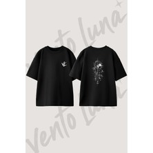 Dunya Saat Ucak Tasarım Sırt Baskılı Pamuk Siyah Oversize T-Shirt