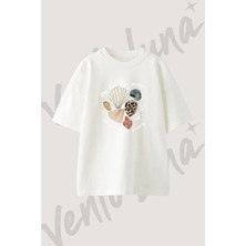 Sea Shells Tasarım Baskılı Unisex Oversize Kalıp Beyaz Tshirt