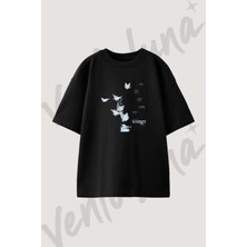Ice Butterflies Tasarım Baskılı Unisex Oversize Kalıp Siyah Tshirt