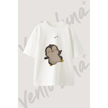 Cute Penguin_4 Tasarım Baskılı Unisex Oversize Kalıp Beyaz Tshirt