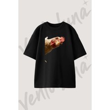 Curious Chicken Tasarım Baskılı Unisex Oversize Kalıp Siyah Tshirt