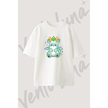 Cute Dragon Tasarım Baskılı Unisex Oversize Kalıp Beyaz Tshirt