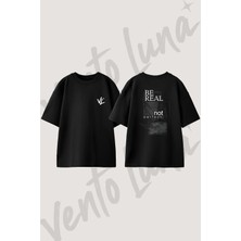 Botanical Cizim Tasarım Sırt Baskılı Pamuk Siyah Oversize T-Shirt
