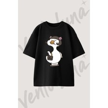 Oneris Ordek Tasarım Baskılı Unisex Oversize Kalıp Siyah Tshirt