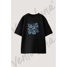 Monstera Leaf Tasarım Baskılı Unisex Oversize Kalıp Siyah Tshirt