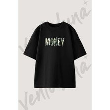 Money Art Tasarım Baskılı Unisex Oversize Kalıp Siyah Tshirt