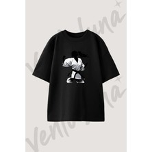 Karate Kadin Tasarım Baskılı Unisex Oversize Kalıp Siyah Tshirt