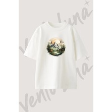 Karli Dag Manzarasi Tasarım Baskılı Unisex Oversize Kalıp Beyaz Tshirt