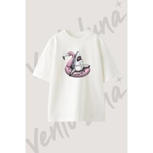 Shark Flamingo Tasarım Baskılı Unisex Oversize Kalıp Beyaz Tshirt