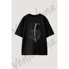 Alevli Kilic Tasarım Baskılı Unisex Oversize Kalıp Siyah Tshirt