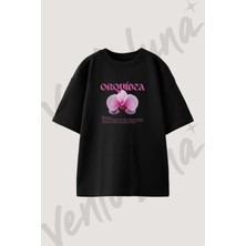 Orchid Tasarım Baskılı Unisex Oversize Kalıp Siyah Tshirt