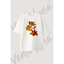 Orange Lily Tasarım Baskılı Unisex Oversize Kalıp Beyaz Tshirt