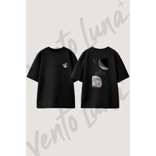 Ay Komet Tasarım Sırt Baskılı Pamuk Siyah Oversize T-Shirt