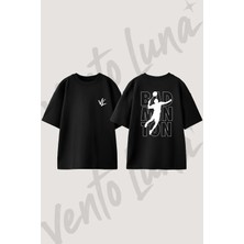 Badminton Tasarım Sırt Baskılı Pamuk Siyah Oversize T-Shirt