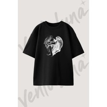 Aglayan Melek Tasarım Baskılı Unisex Oversize Kalıp Siyah Tshirt