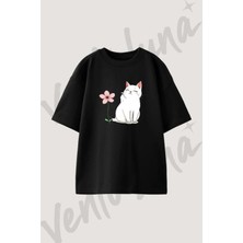 Anime Cat Flower Tasarım Baskılı Unisex Oversize Kalıp Siyah Tshirt