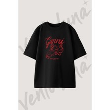 Iki Tavsan Tasarım Baskılı Unisex Oversize Kalıp Siyah Tshirt