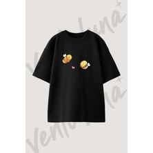 Cute Bees Heart Tasarım Baskılı Unisex Oversize Kalıp Siyah Tshirt