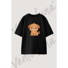 Cute Puppy_1 Tasarım Baskılı Unisex Oversize Kalıp Siyah Tshirt