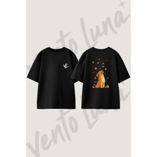 Golden Retriever Autumn Tasarım Sırt Baskılı Pamuk Siyah Oversize T-Shirt