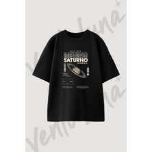 Saturn Planet_3 Tasarım Baskılı Unisex Oversize Kalıp Siyah Tshirt
