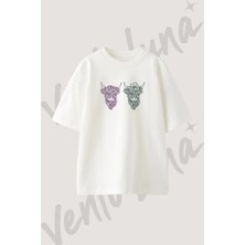 Highland Cow Tasarım Baskılı Unisex Oversize Kalıp Beyaz Tshirt