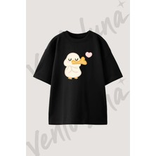 Cute Duck Tasarım Baskılı Unisex Oversize Kalıp Siyah Tshirt