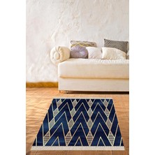 Belirtilmemiş Pelangi Lacivert Geometrik Zigzag Çizgili Üçgen Desenli Dijital Baskı Yıkanabilir Halı, Lacivert