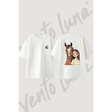 Anime Kiz At Tasarım Sırt Baskılı Pamuk Beyaz Oversize T-Shirt