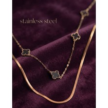 Stainless Steel 316L Çelik Zincir Gold Renk Italyan Zincirli Siyah Yonca Model Kolye